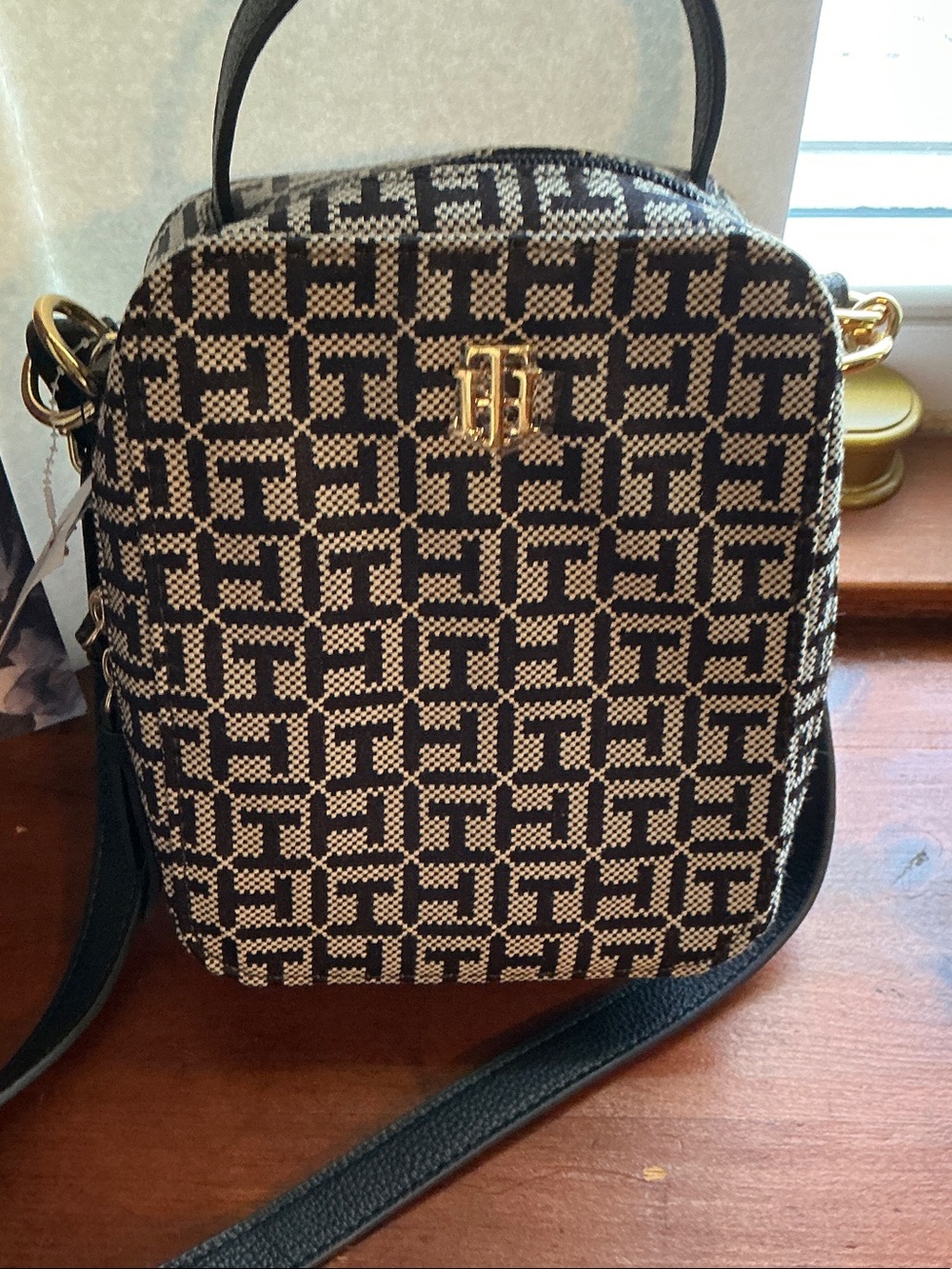 NWT Tommy Hilfiger Black & Cream Monogram Crossbody Bag